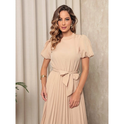 Vestido Midi Feminino em Crepinho com Mangas Bufantes, Saia Plissada e Cinto Ajustável