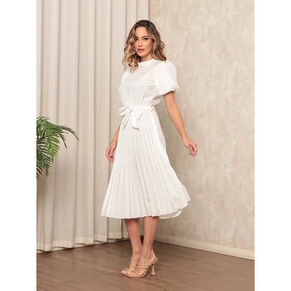 Vestido Midi Feminino em Crepinho com Mangas Bufantes, Saia Plissada e Cinto Ajustável