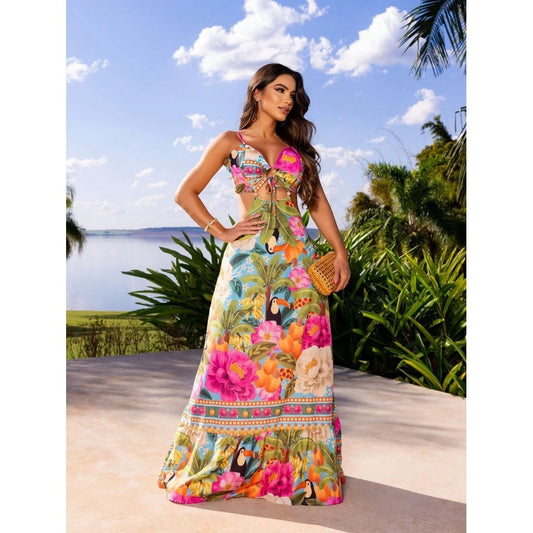 Vestido Feminino Tropical de Verão com Alças Reguláveis e Amarração nas Costas