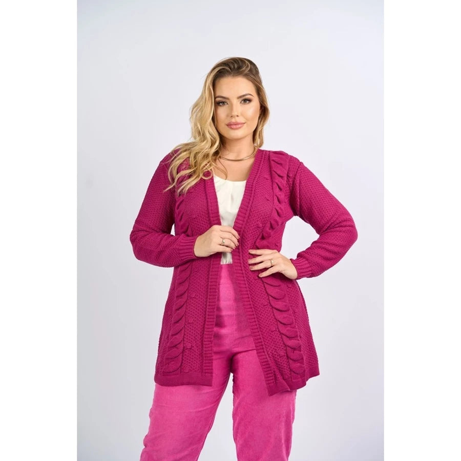 Casaco cardigan Aberto Manga Longa tranças Tricô Inverno