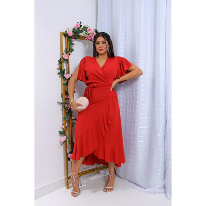 VESTIDO ENVELOPE LONGO  VISCOLINHO LISO MANGA CURTO