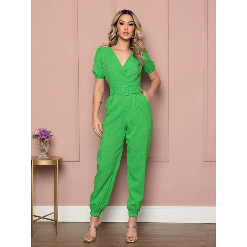 Macacão Com Cinto De Manga Bufante Simples Glamour