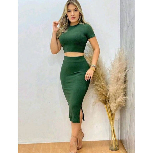 Conjunto Canelado Liso Cropped Saia Feminino Midi Fenda