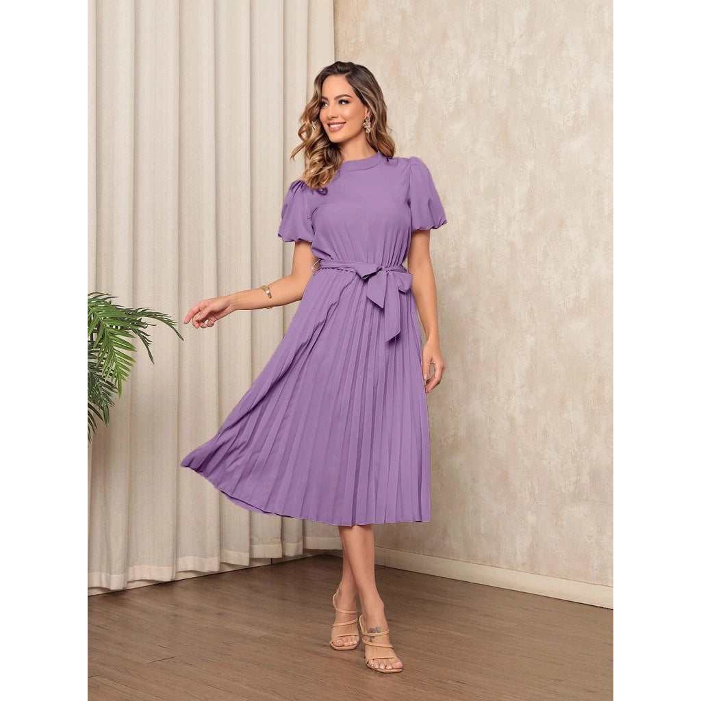 Vestido Midi Feminino em Crepinho com Mangas Bufantes, Saia Plissada e Cinto Ajustável