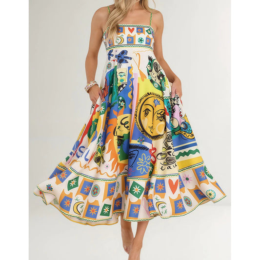 Vestido Feminino Longo Estilo Camisole Estampado com Alças Finas e Costas Abertas