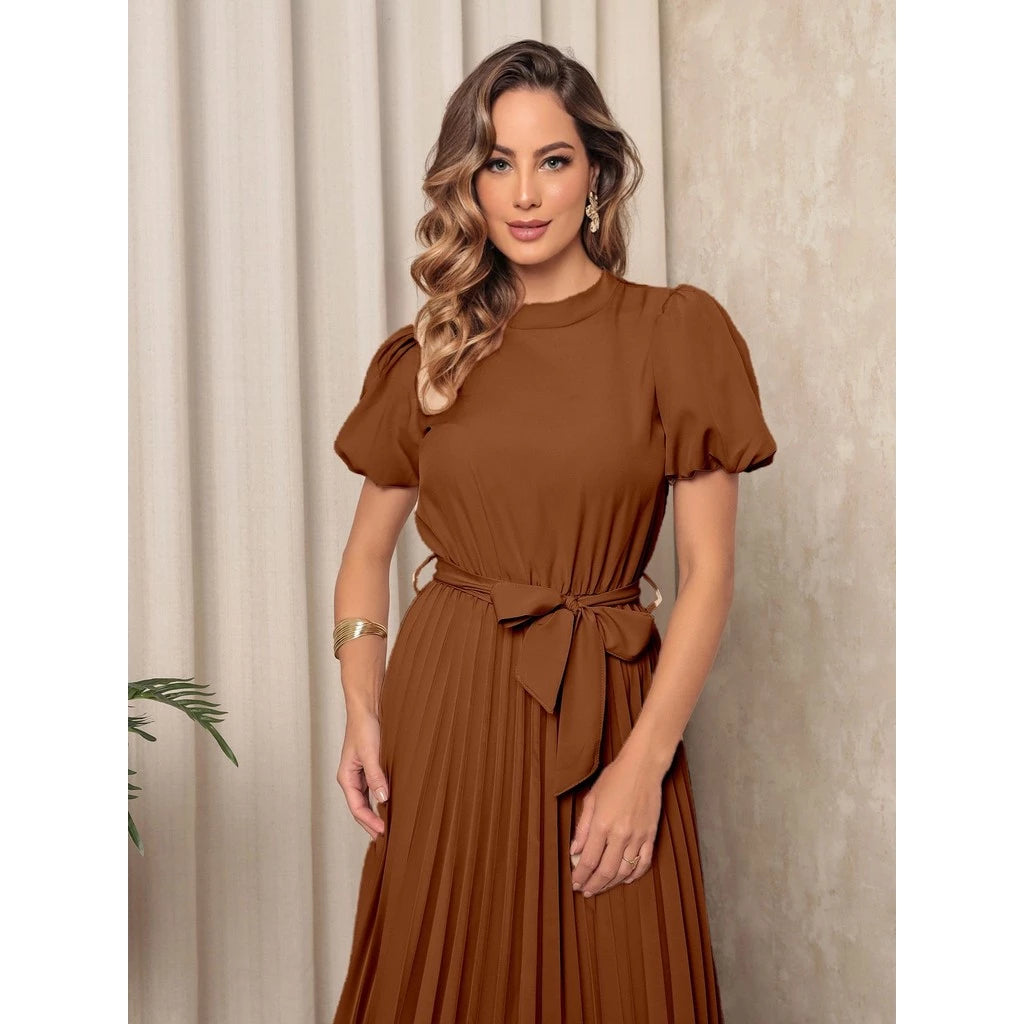 Vestido Midi Feminino em Crepinho com Mangas Bufantes, Saia Plissada e Cinto Ajustável