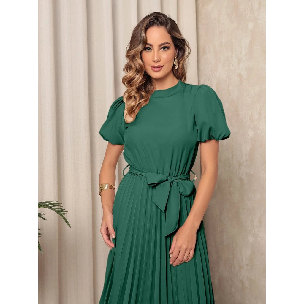 Vestido Midi Feminino em Crepinho com Mangas Bufantes, Saia Plissada e Cinto Ajustável