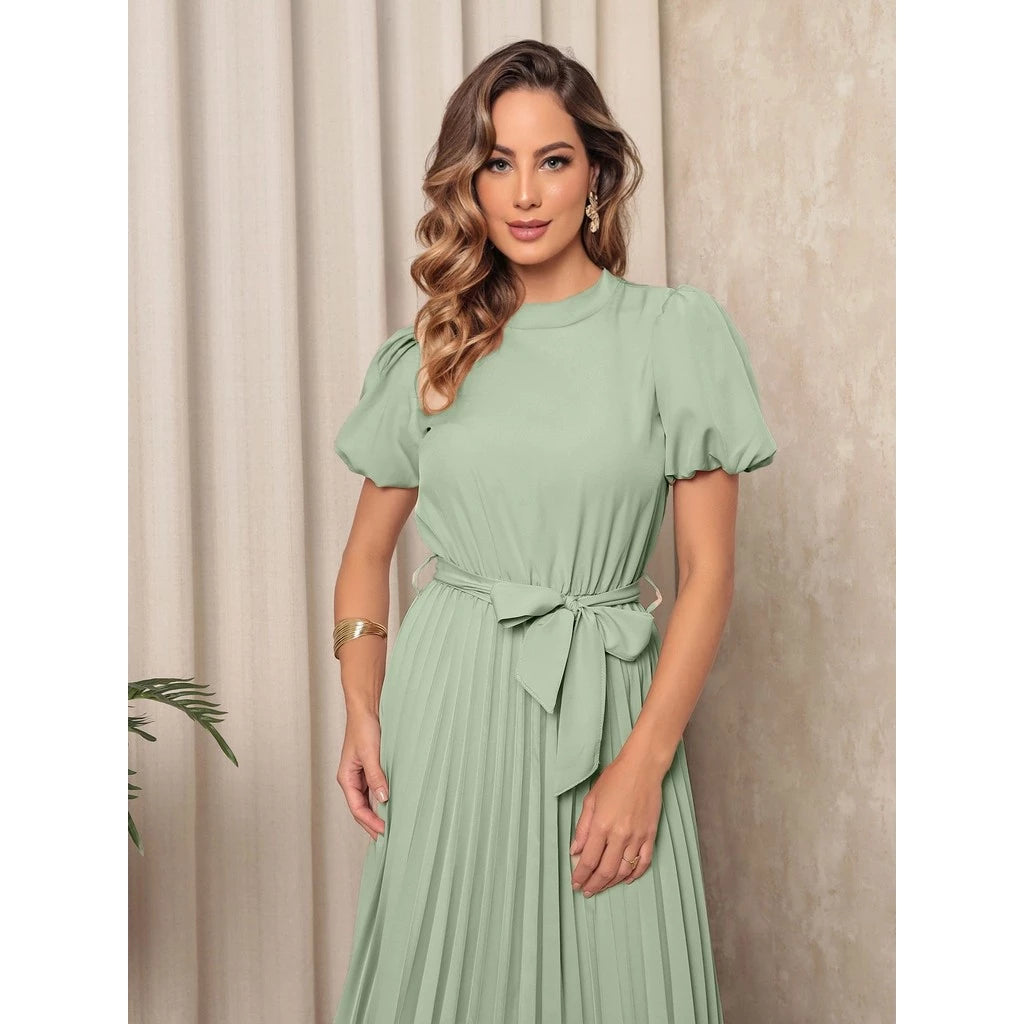 Vestido Midi Feminino em Crepinho com Mangas Bufantes, Saia Plissada e Cinto Ajustável