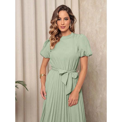 Vestido Midi Feminino em Crepinho com Mangas Bufantes, Saia Plissada e Cinto Ajustável