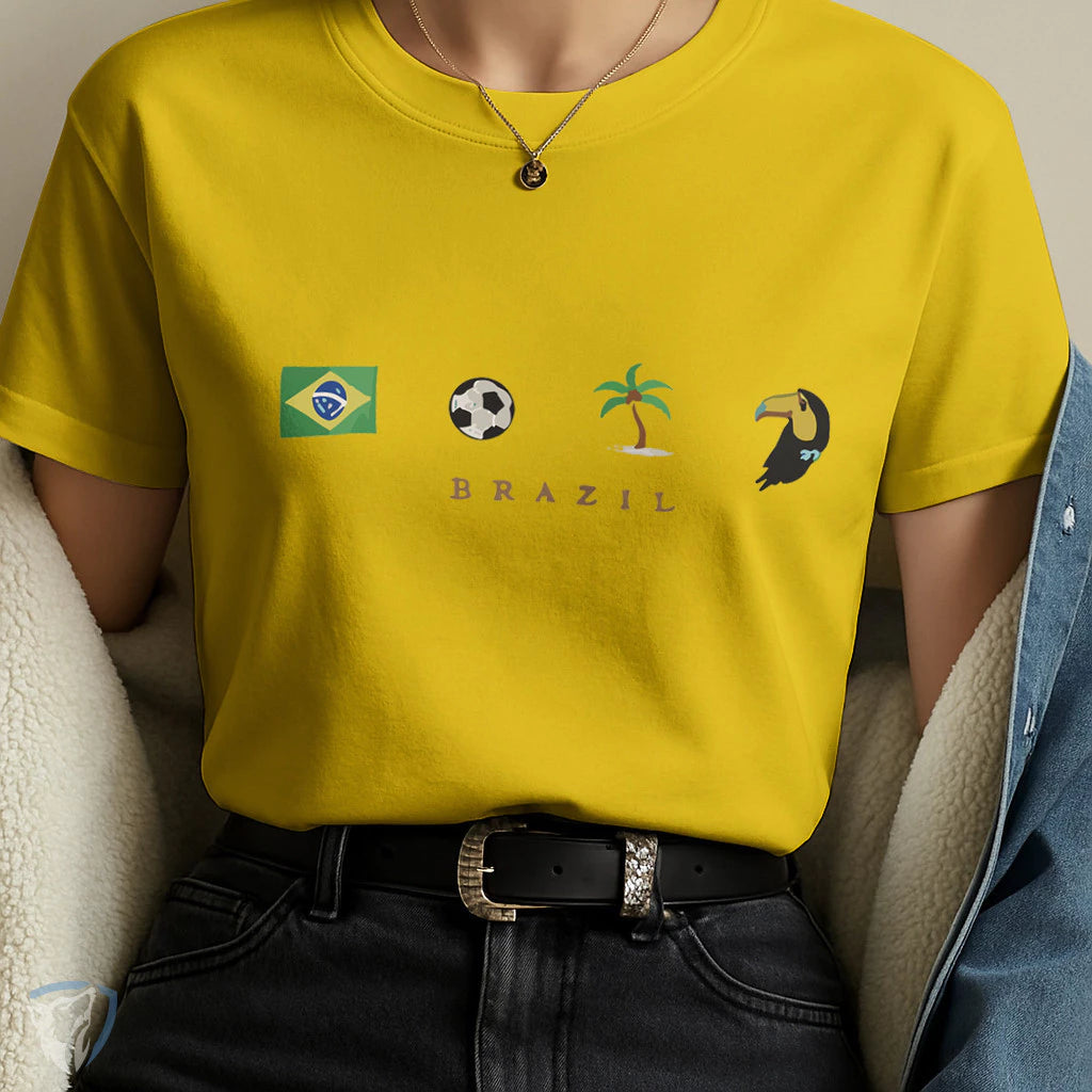 Camiseta Feminina Brasil com Estampa Minimalista de Ícones e Símbolos Brasileiros