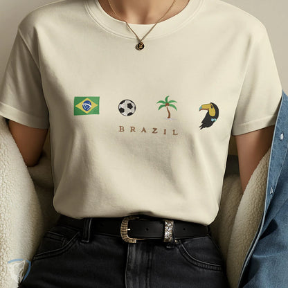 Camiseta Feminina Brasil com Estampa Minimalista de Ícones e Símbolos Brasileiros