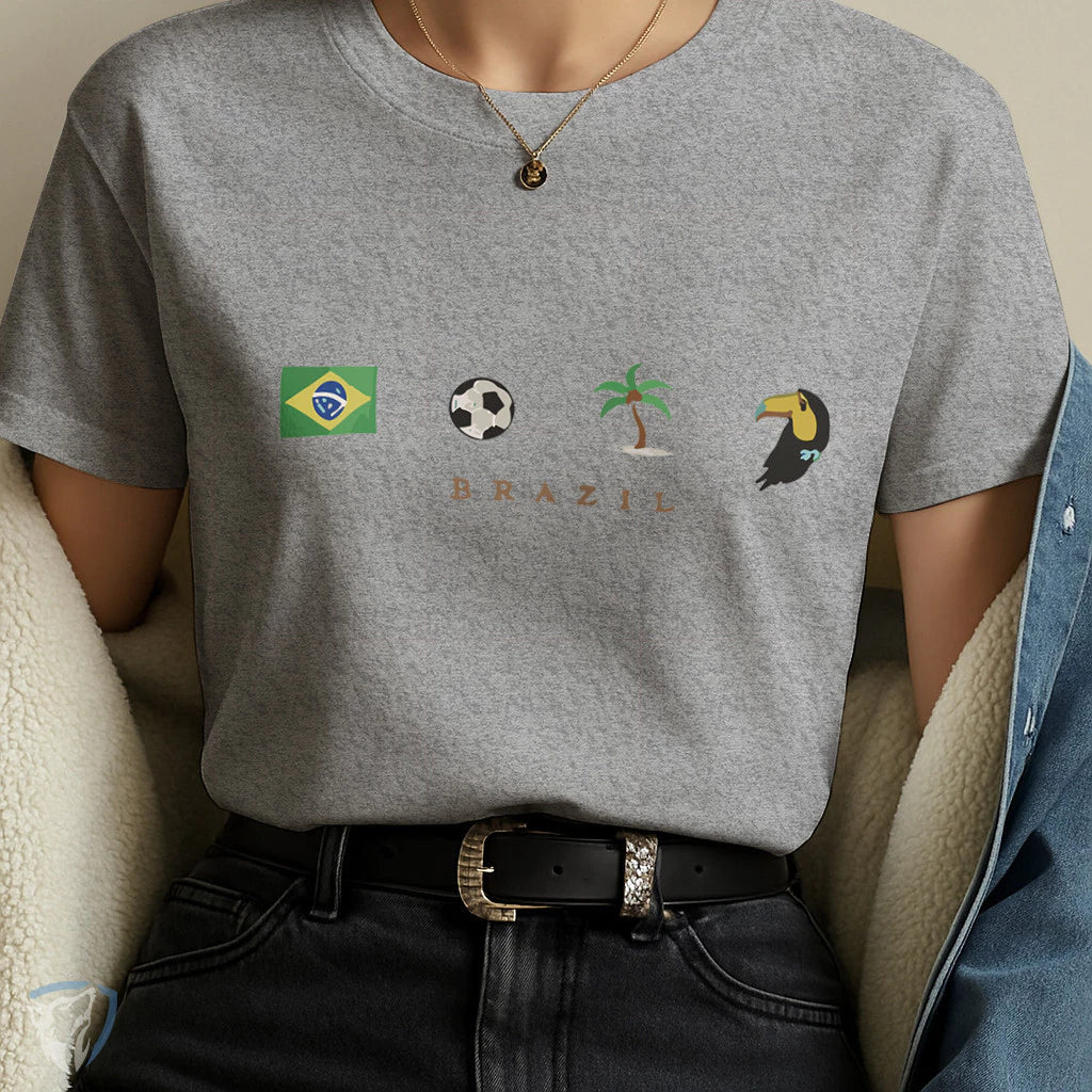 Camiseta Feminina Brasil com Estampa Minimalista de Ícones e Símbolos Brasileiros