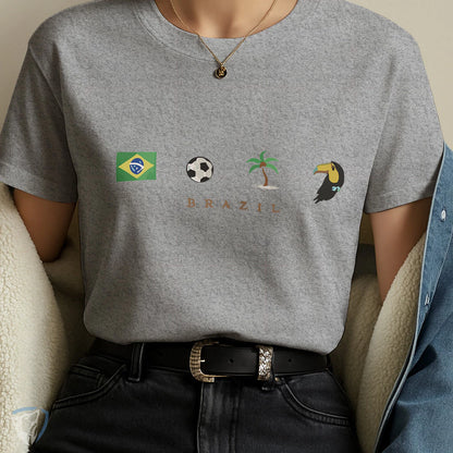 Camiseta Feminina Brasil com Estampa Minimalista de Ícones e Símbolos Brasileiros