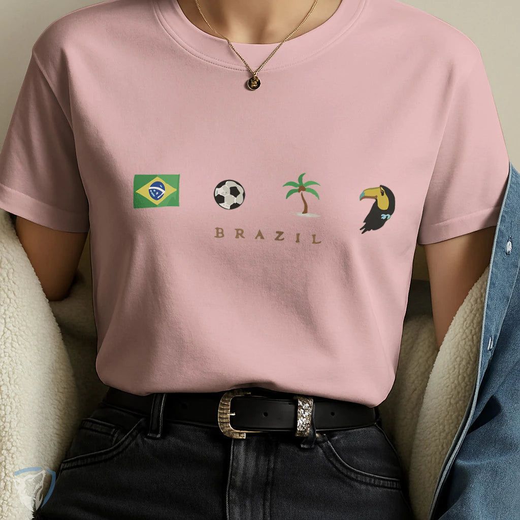 Camiseta Feminina Brasil com Estampa Minimalista de Ícones e Símbolos Brasileiros