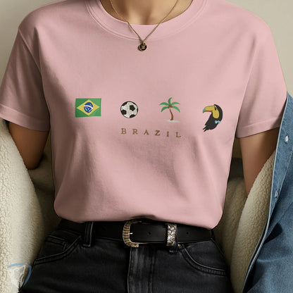 Camiseta Feminina Brasil com Estampa Minimalista de Ícones e Símbolos Brasileiros