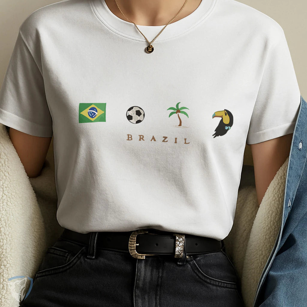 Camiseta Feminina Brasil com Estampa Minimalista de Ícones e Símbolos Brasileiros
