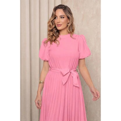 Vestido Midi Feminino em Crepinho com Mangas Bufantes, Saia Plissada e Cinto Ajustável